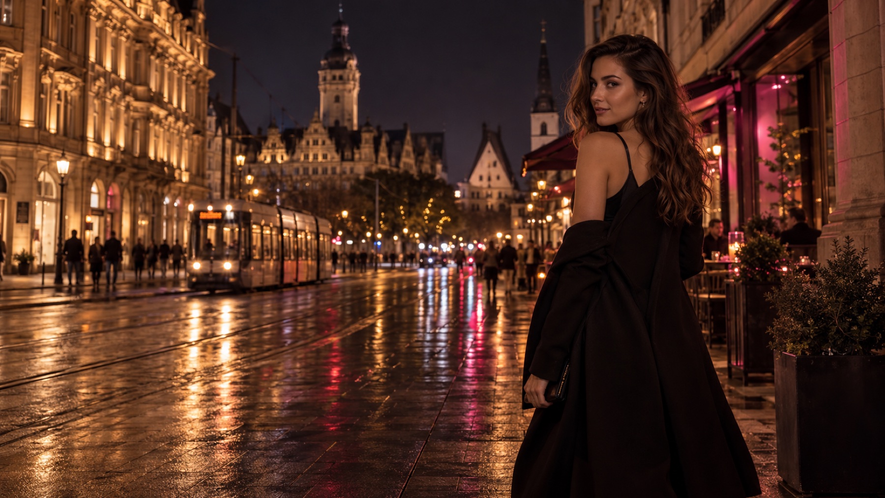 Elegante Frau bei Nacht in einer lebendigen Leipziger Innenstadt
